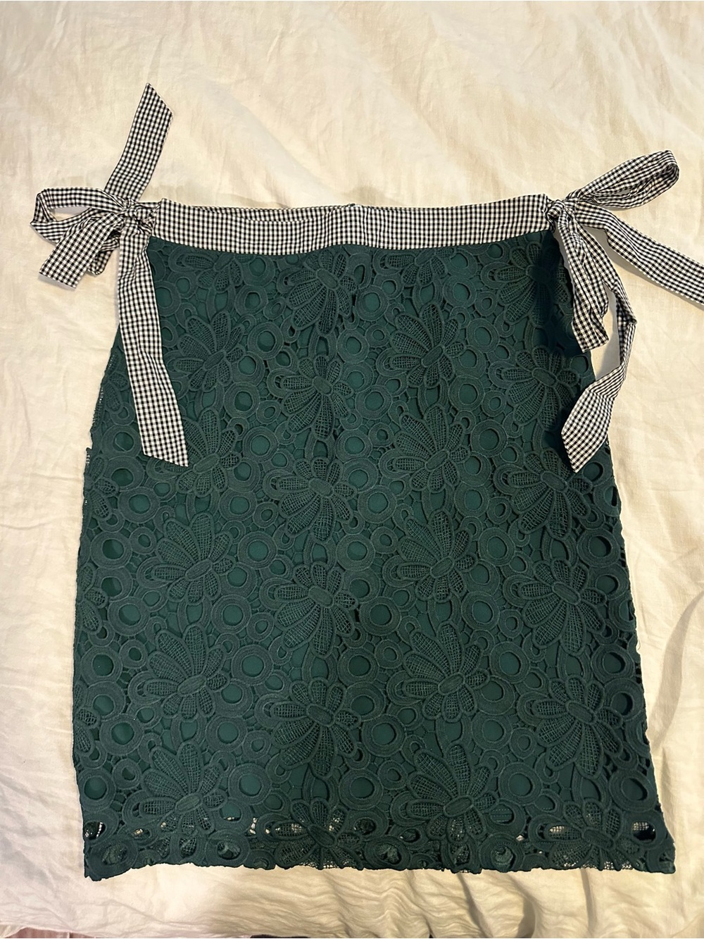 English Factory Dark Green Lace Pencil Skirt with Gingham Tie